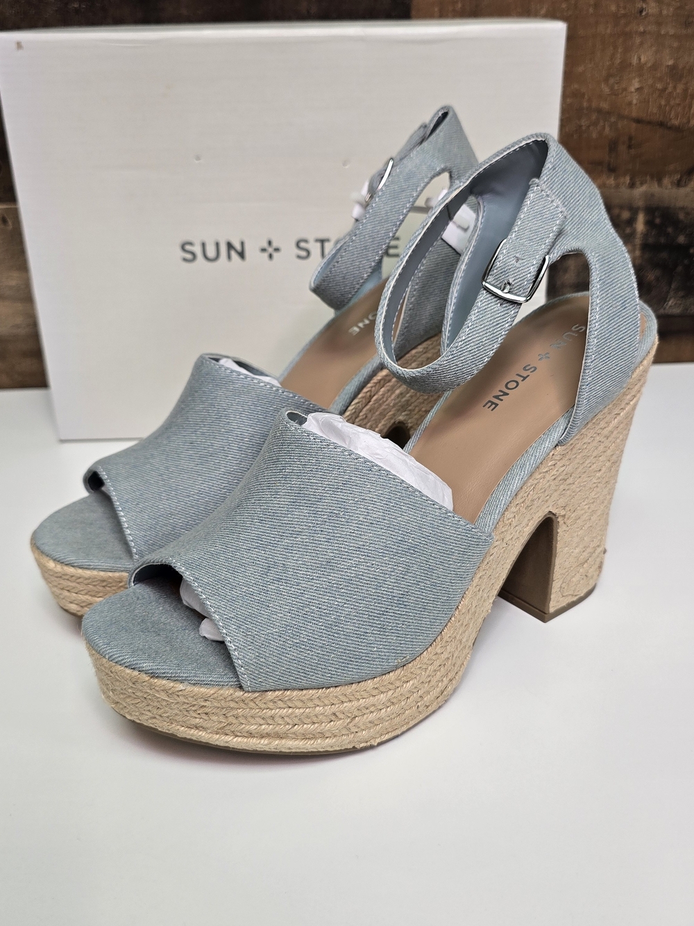 Sun + Stone Light Blue Denim Platform Espadrille Sandals